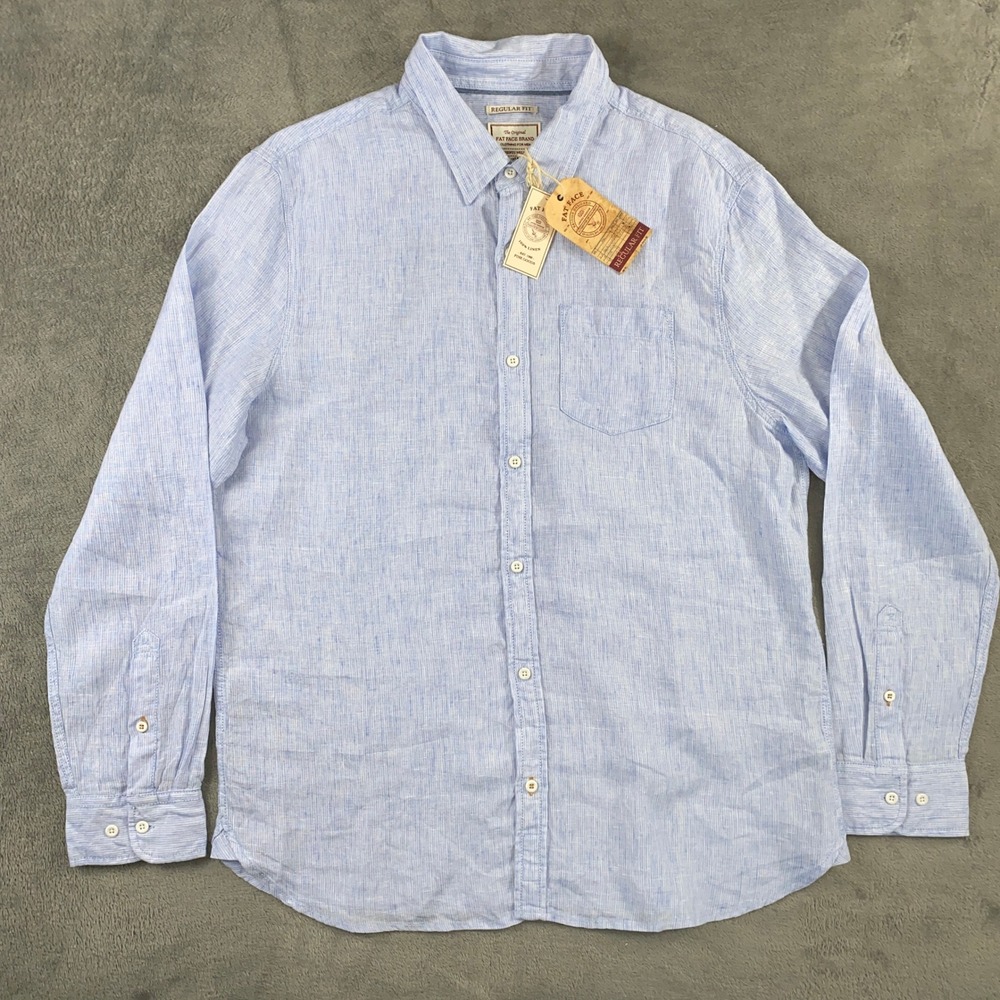 Fat Face Button Down Linen Shirt Mens L Blue Regular Fit Long Sleeve Coastal NWT